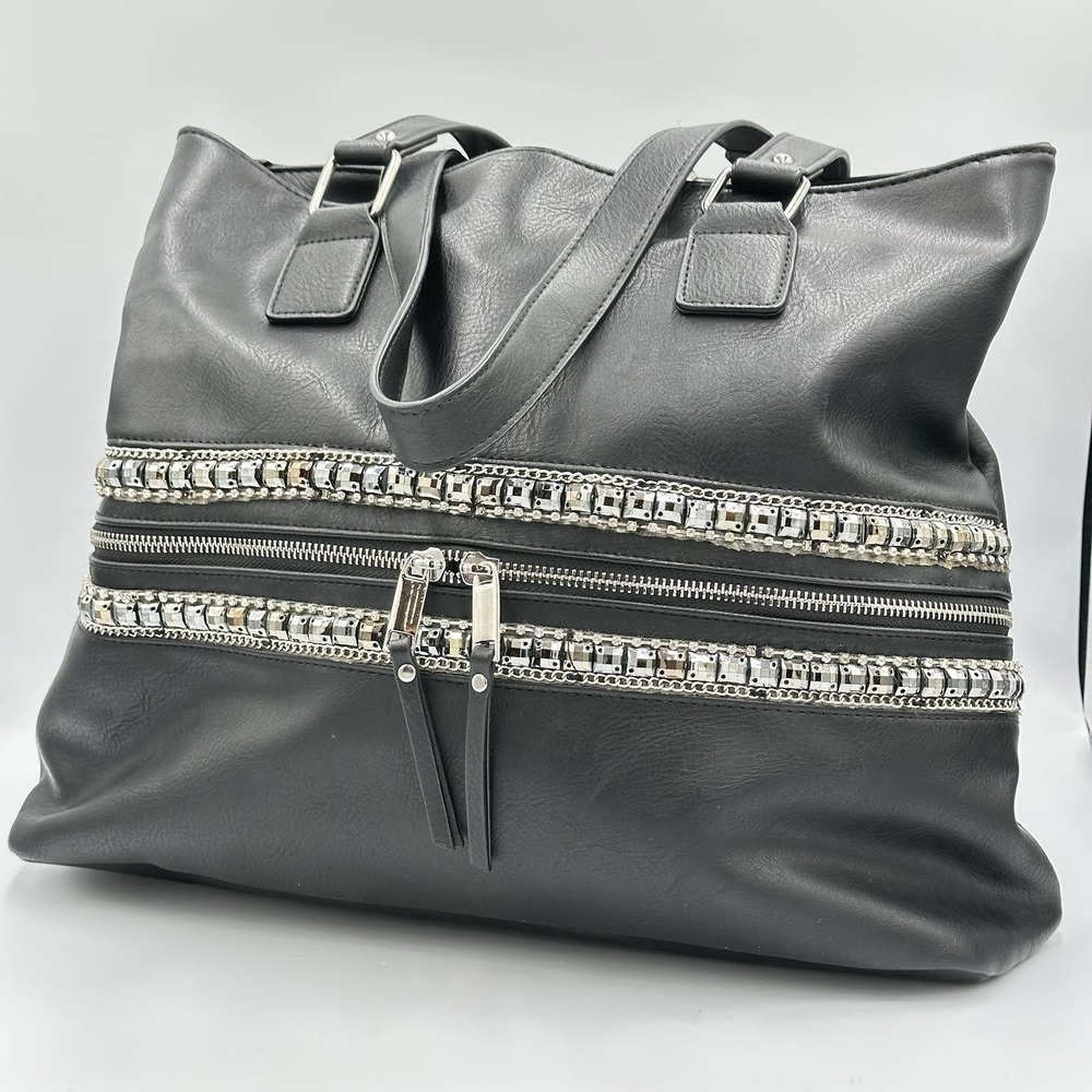 Faux Leather Black Silver Jeweled Large Shoulder Tote Bag 17 X 12 X 6 Edgy Chic - Picture 2 of 7